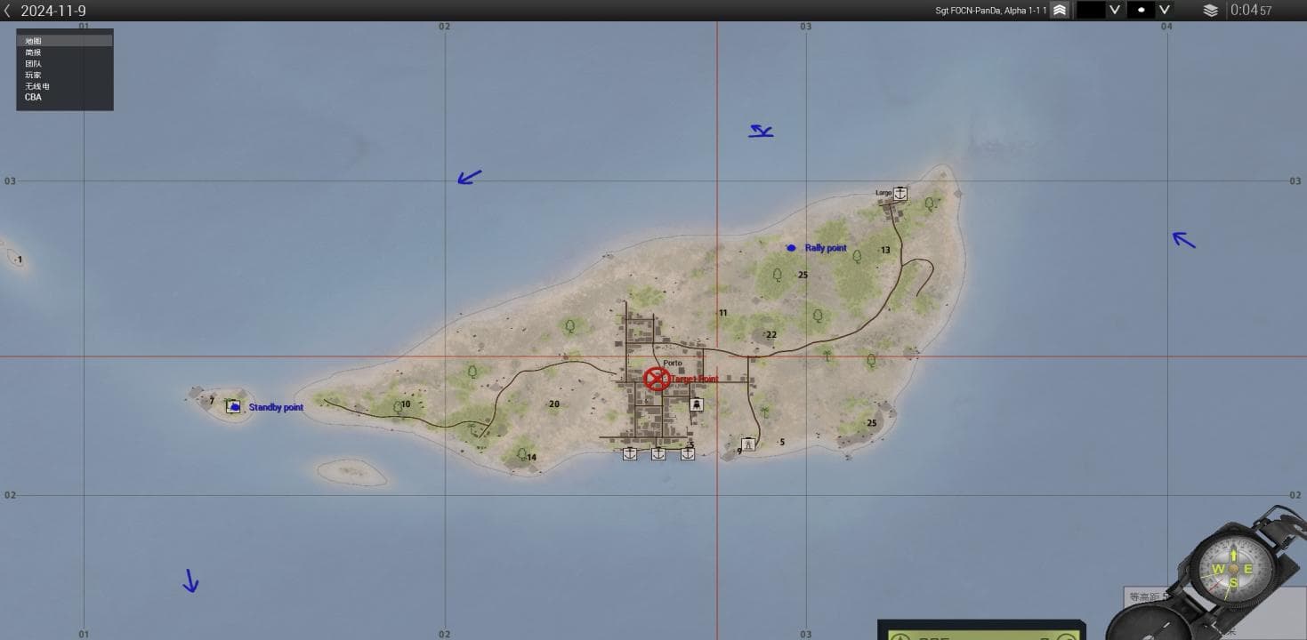 Arma 3 游戏内地图界面:网格坐标与战术标记